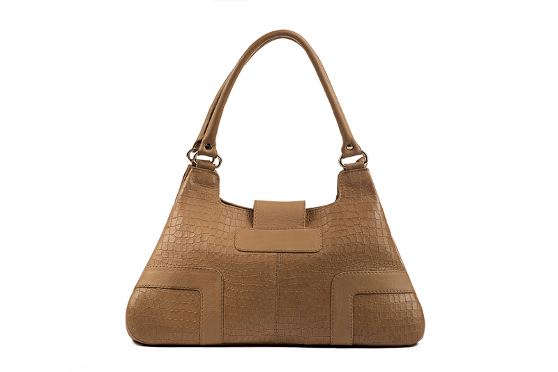 Camel beige women's dress handbag, matching pumps and belts. Rear view - Florence KOOIJMAN